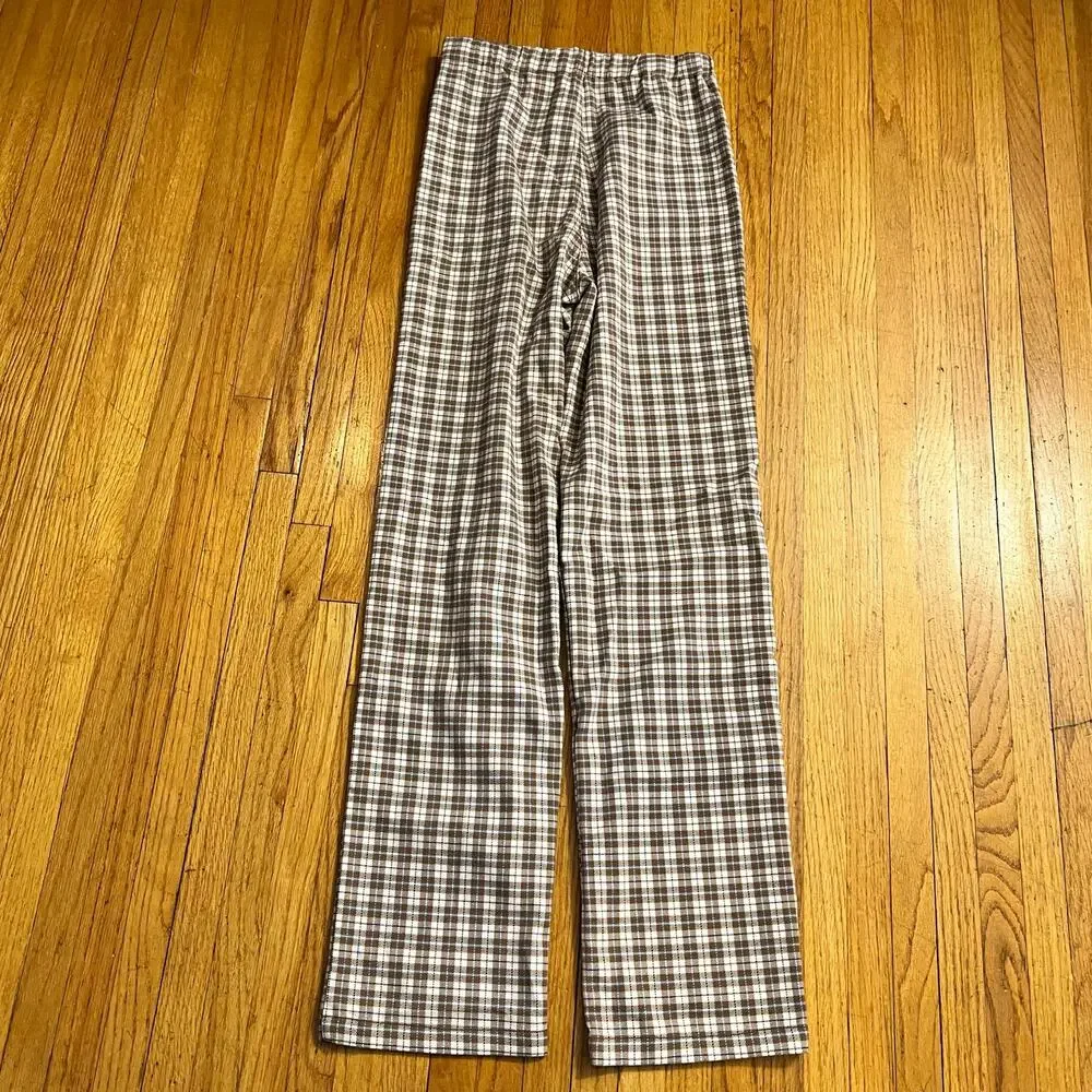 Brandy Melville Pants Women One Size Brown Straight Plaid 25x29.5 High Rise